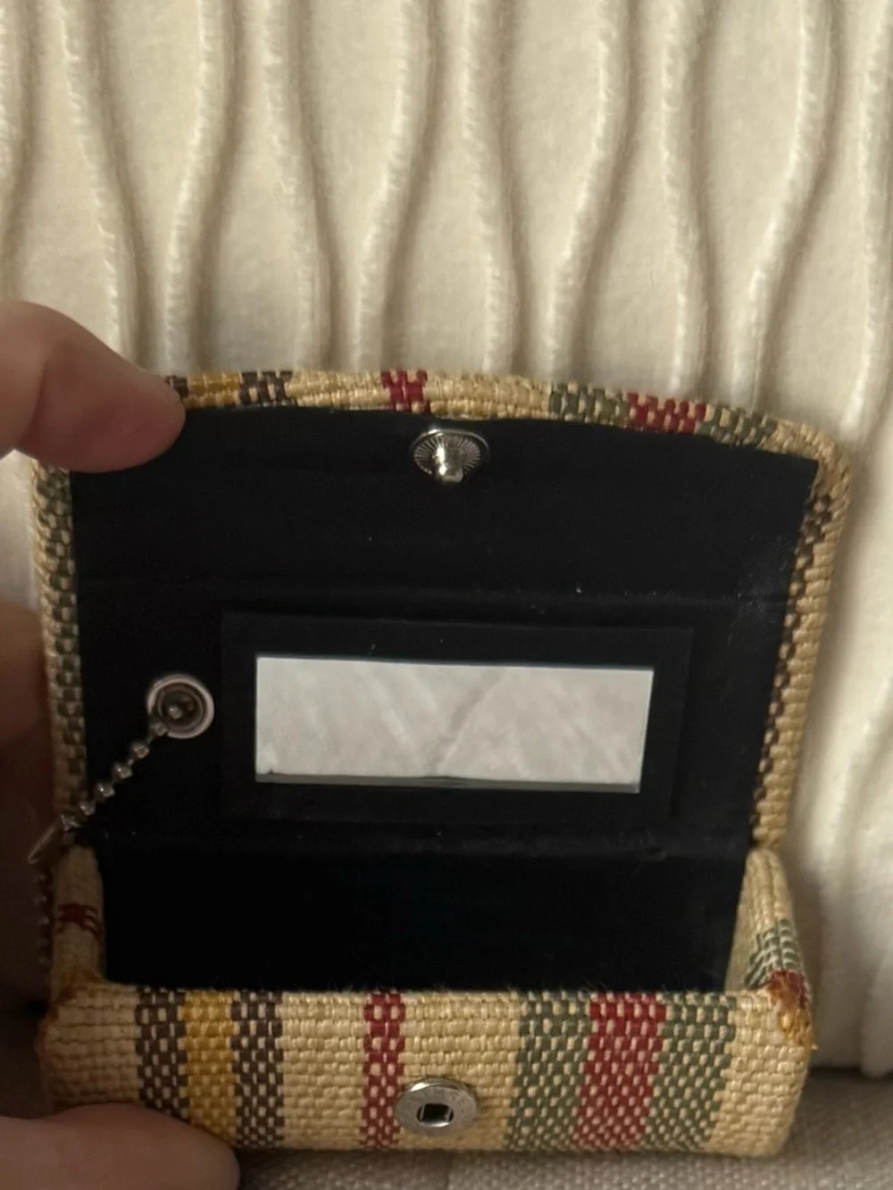 Woven Multi-Stripe Lipstick Case Holder with Mirror & Ball Chain Accessory